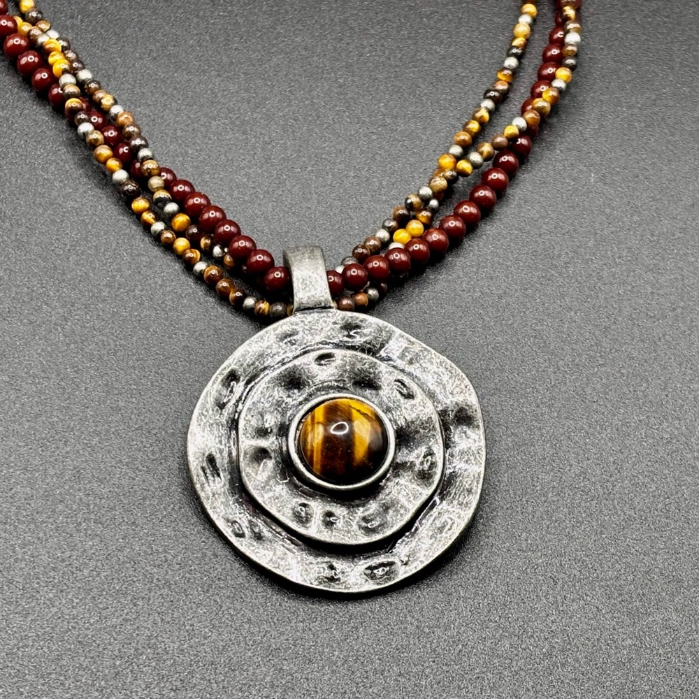 Premier Designs Tiger Eye & Hammered Silver Pendant on 3 Strand Beaded Necklace